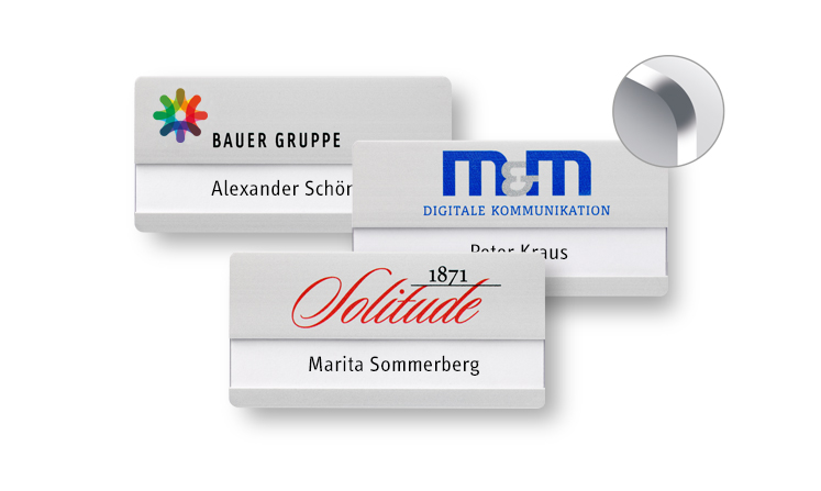 Name badges made of aluminium with round corners