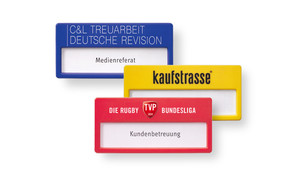 Name badges in colourful customised designs