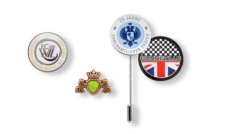 Pin badges and lapel pins with wire-enamelled colouring