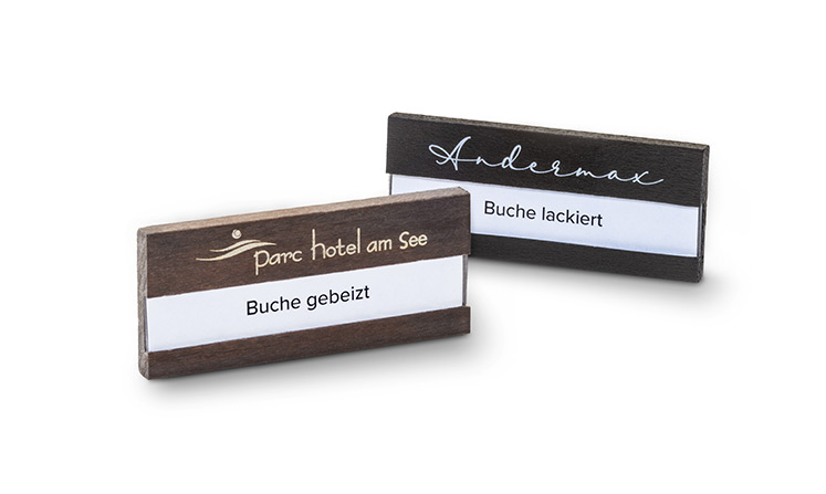 Sustained name badges made of wood