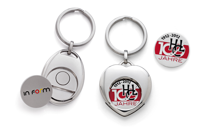 Key rings with shopping trolley tokens with logo