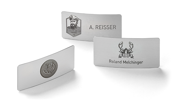 metal name badges with elegant longitudinal curvature and engraving