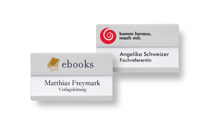 Name badges for names with an additional line and large logo