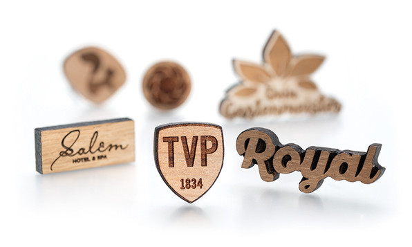 Wooden pin badges with laser engraving