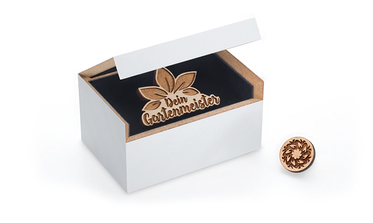 wooden lapel pins, pin badges with MDF-Box