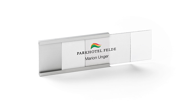 Name badges made of aluminium to print/write-on your logo