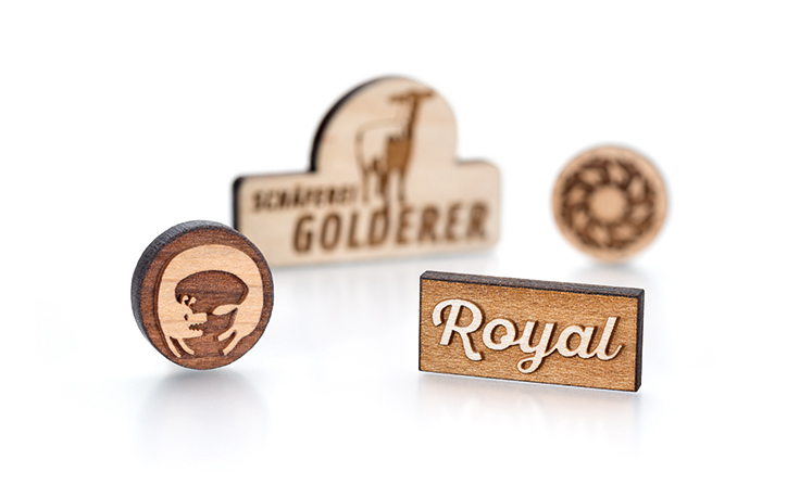 Wooden pin badges, wooden lapel pins or wooden brooches