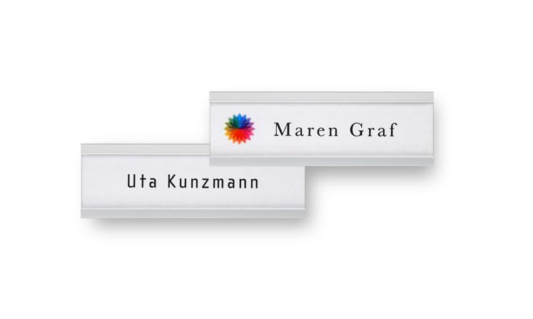 Name badges made of curved aluminium